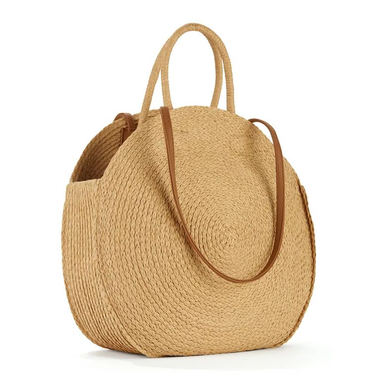Time and Tru Women's Striped Straw Circle Tote Bag with Inner Slip Pocket | Walmart (US)