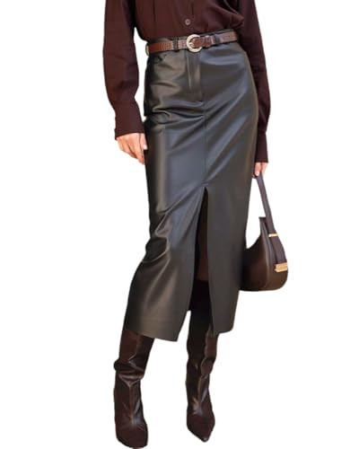 THLAI Womens Faux Leather Pencil Long Skirt High Waist Split Retro Maxi Without Belt Skirt | Amazon (US)