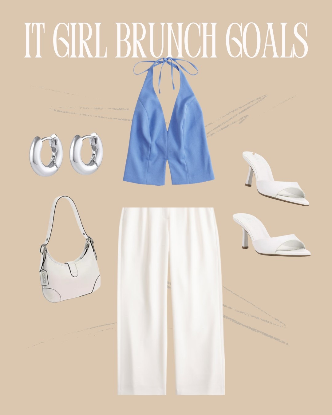 Brunch-ready and effortlessly chic, this It Girl look is perfect for spring style and weekend outings. The light blue halter top paired with white wide-leg trousers and sleek white heels gives off major clean-girl aesthetic vibes. Finish the look with silver chunky hoops and a white shoulder bag—your must-have accessories for an elevated yet minimal #OOTD. #LTKSpring #LTKStyle #LTKBrunch #LTKItGirl