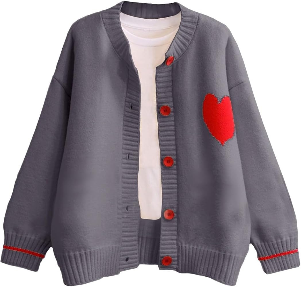 FindThy Women's Cute Cardigan Sweater Kawaii Love Heart Print Y2K Button Knitted Outerwear | Amazon (US)