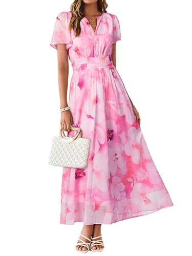 Simplee Women Floral Summer Maxi Dress Boho Flowy Casual Chiffon Short Sleeves V Neck Long Wedding Guest Dresses Pink White Floral L | Amazon (US)
