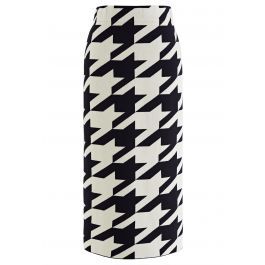 Houndstooth Pattern Back Slit Pencil Skirt in White | Chicwish