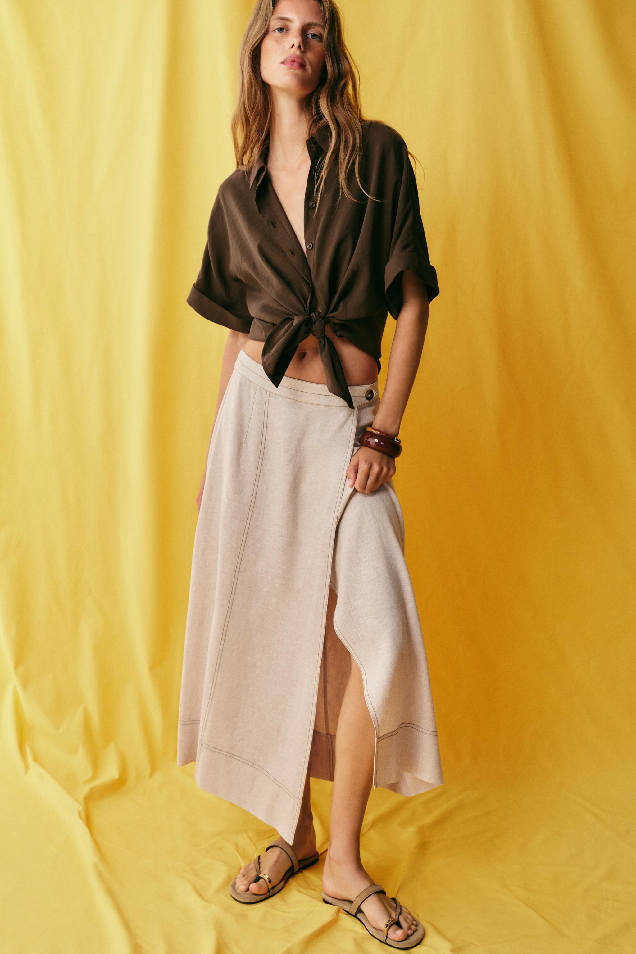 LINEN WRAP SKIRT WITH TOPSTITCHING | Zara US