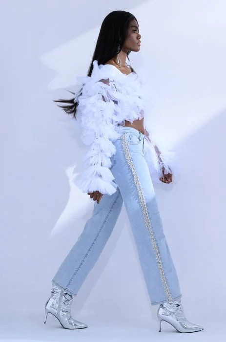 FEELING LIKE A STAR RHINESTONE WIDE LEG JEANS IN LIGHT BLUE DENIM | AKIRA