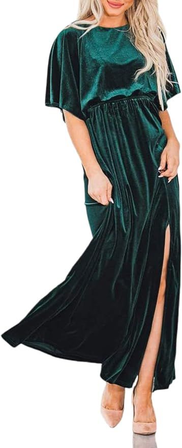 hathne Women's Short Sleeve Velvet Maxi Dress Sexy Split Long Formal Evening Dresses | Amazon (US)