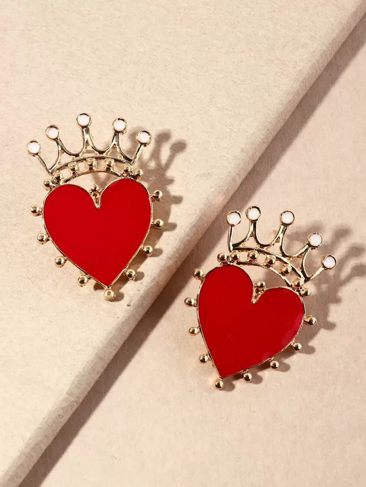 1 Pair Luxury Enamel Heart Crown Dangle Earrings, Elegant Fashion Jewelry For Women, Party Accessories Valentines | SHEIN