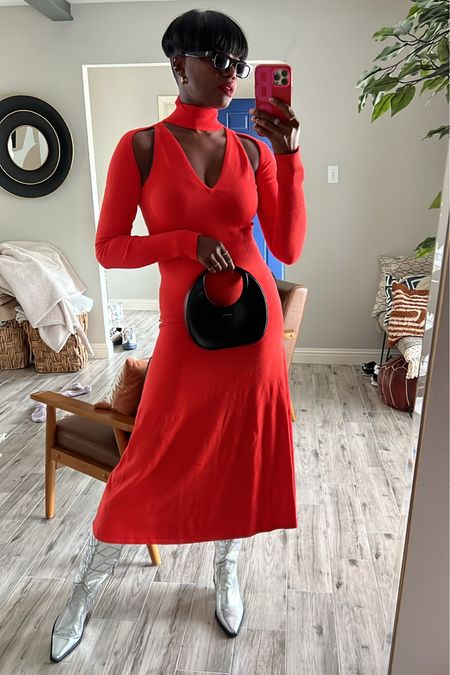 Red long sleeve cut out dress, silver metallic, black mini Anine Bing bag and black sunglasses  

#LTKstyletip #LTKSale #LTKshoecrush
