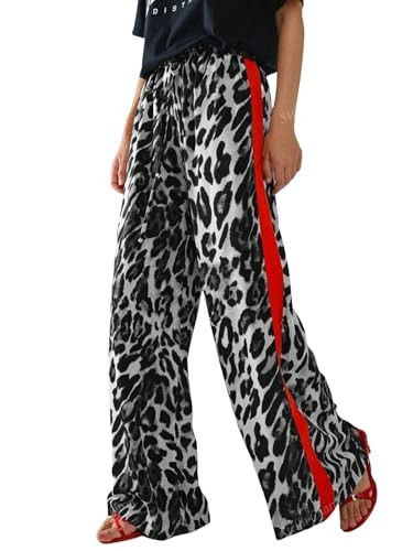 Charfille Women's Casual Pants Drawstring Leopard Print Color Block Side Striped Straight Leg Wide Leg Loose Pants (1-a-Grey, Small) | Amazon (US)
