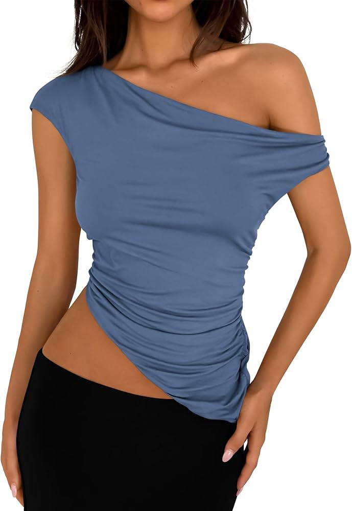 PRETTYGARDEN Womens 2024 Summer Off The Shoulder Crop Tops Sleeveless One Shoulder Ruched Asymmet... | Amazon (US)
