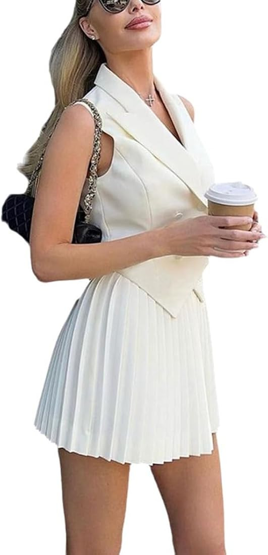 THLAI Women Two Piece Outfits Suits 2024 Summer Sleeveless Blazer Vest and Pleated Mini Skirts Se... | Amazon (US)