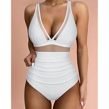 SUUKSESS Women Sexy Mesh Tummy Control Swimsuit Push Up High Waisted Bathing Suit | Amazon (US)