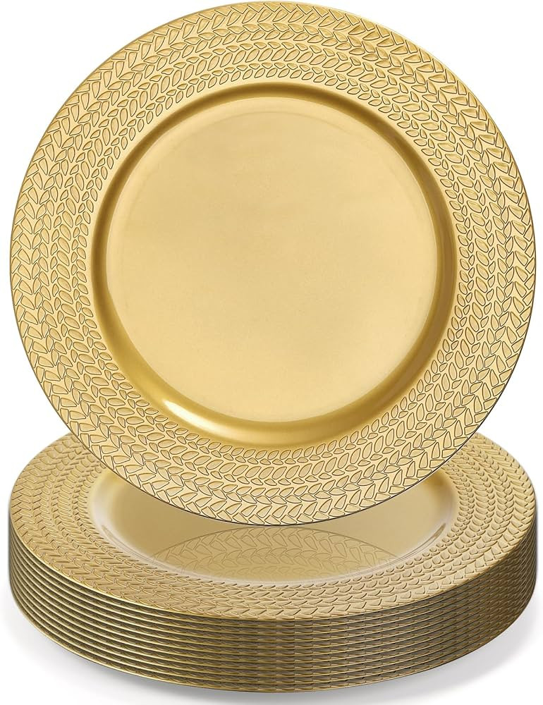 SOUJOY 12 Pack Plastic Gold Charger Plates, 13 Inch Dinner Plate, Leaf Trim Antique Charger Plate... | Amazon (US)
