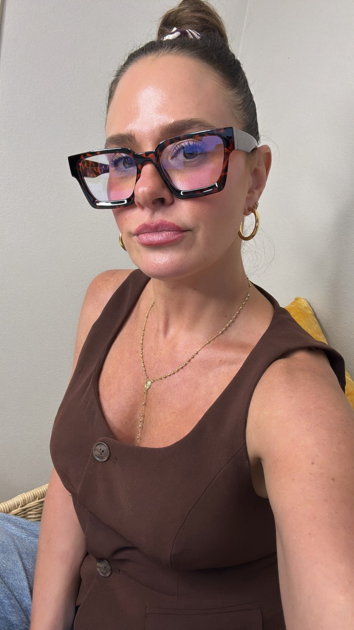 Everything brown and obsessed 🧙 🤎 with these blue light glasses and this chocolate brown shirt just feels like fall even though it’s warm outside.  

#LTKFindsUnder100 #LTKOver40 #LTKStyleTip