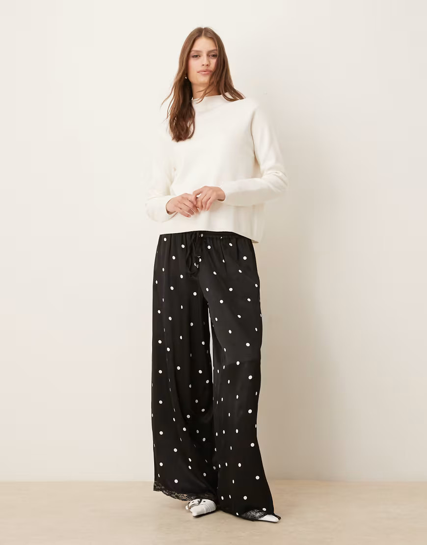 ASOS DESIGN satin wide leg pants with lace trim in black polka dot-Multi | ASOS (Global)