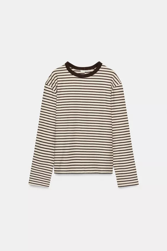 regular fit - round neck - REGULAR LENGTH - long sleeveT-shirt with main fabric made from 100% wo... | Zara UK