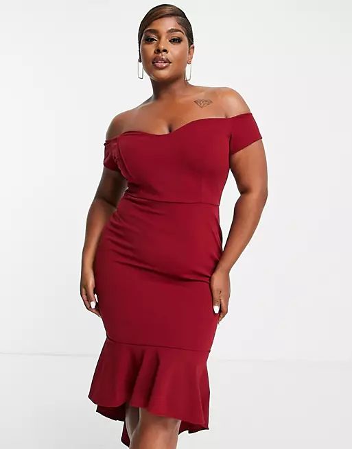 John Zack Plus off shoulder dress in red | ASOS (Global)