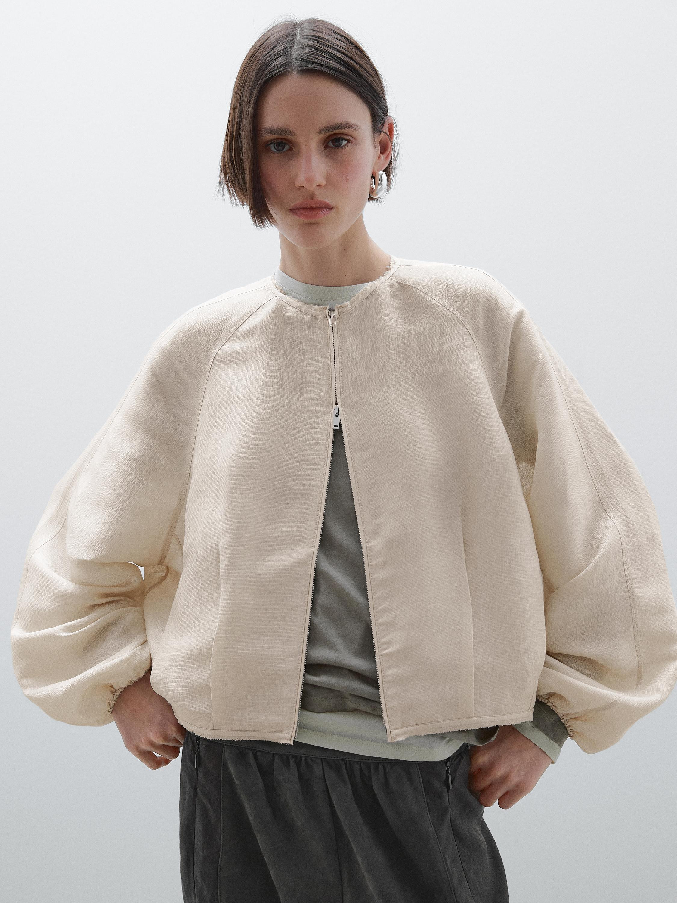 Frayed linen and silk bomber jacket | Massimo Dutti US