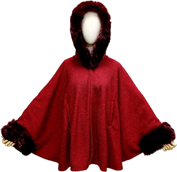 Gragengs Hooded Cloak with Pocket Faux Rabbit Fur Cape Coat Cardigan Poncho for Women Winter | Amazon (US)
