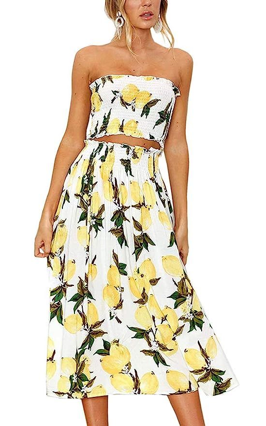Women Summer 2 Piece Outfit Floral Bandeau Crop Top with Maxi Skirt Set | Amazon (US)