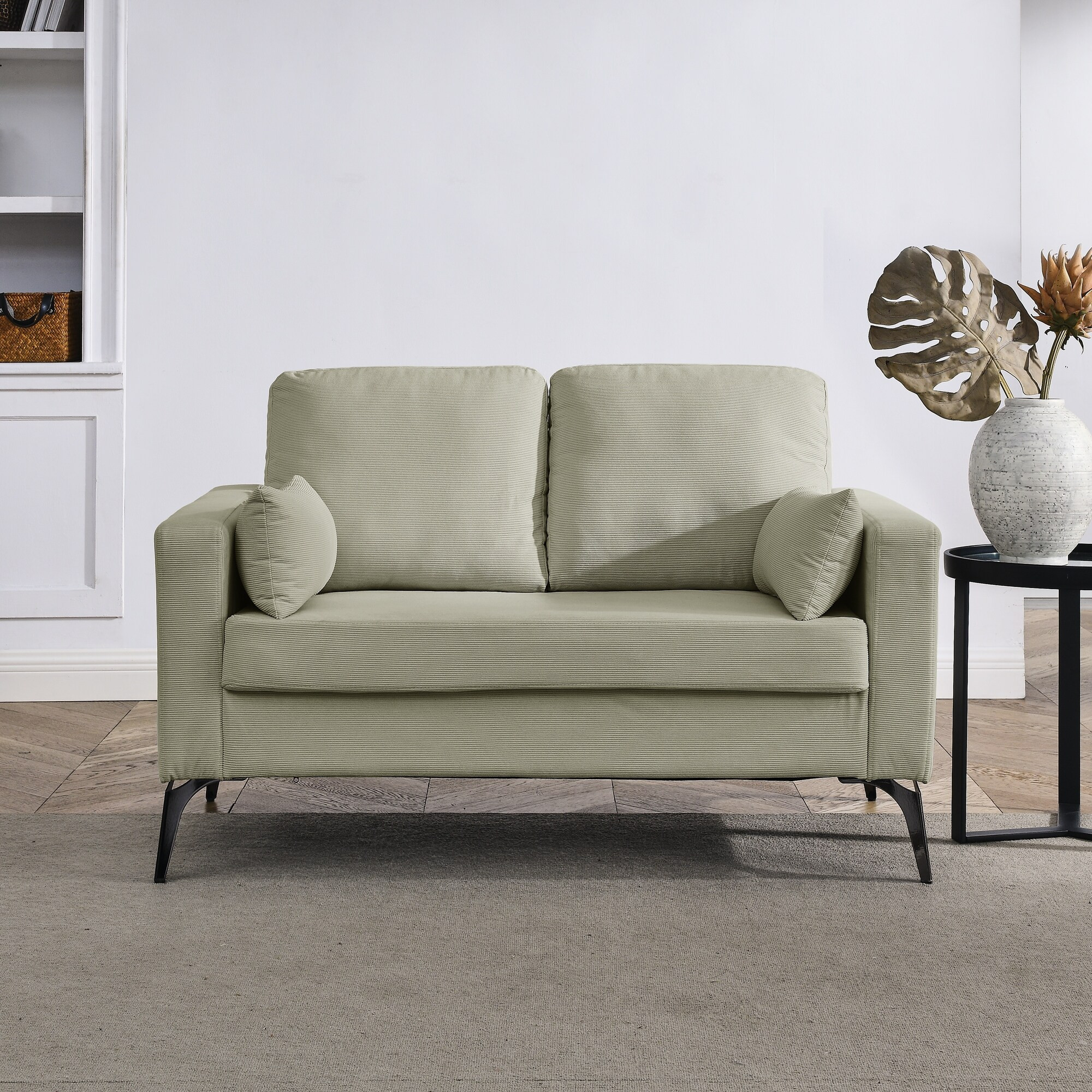 Modern Minimalist Loveseat Sofa Corduroy Upholstered Couch with Two Small Pillows and Metal Legs for Living Room | Bed Bath & Beyond
