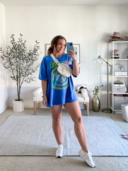 Oversized band tee, spring casual outfit, casual outfit, graphic tee, biker shorts, white sneakers tee, white tee, sneakers, summer style, spring style, lululemon belt bag 

#LTKshoecrush #LTKSeasonal #LTKunder50
