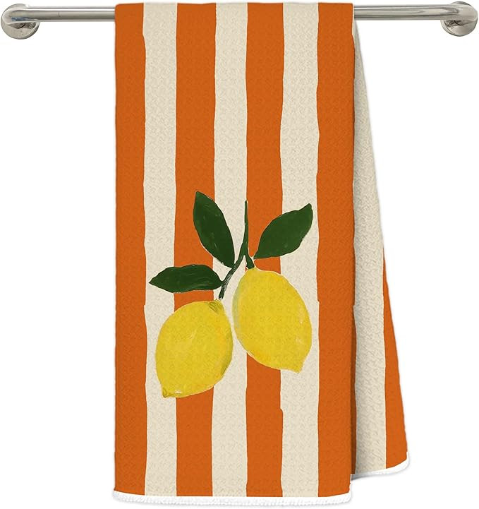 Lemon Kitchen Dish Towels, Trendy Retro Orange Striped Fruit Decorative Hand Tea Towels for Bathr... | Amazon (US)