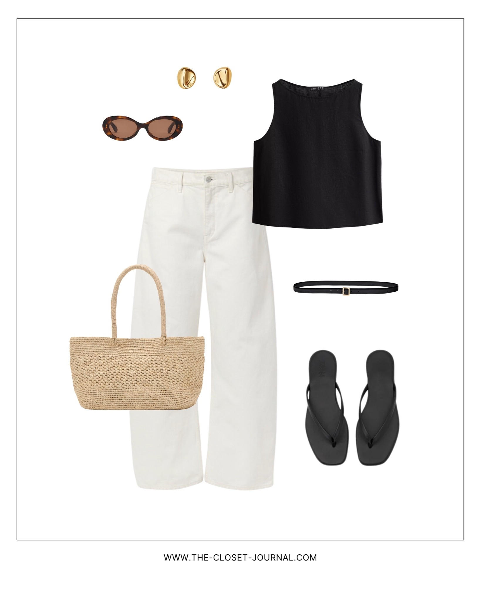 Black-and-white Summer look: linen top and lyocell-blend relaxed jeans. 
Linked some alternatives as well.