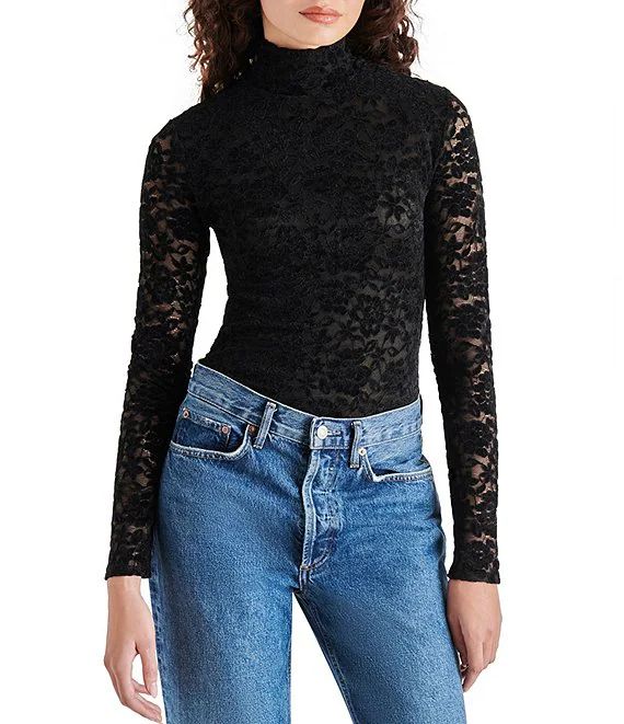 Cassi Sheer Lace Mock Neck Long Sleeve Bodysuit | Dillard's
