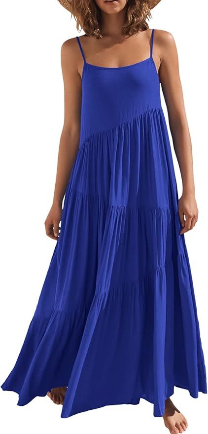ANRABESS Women’s Summer Casual Loose Sleeveless Spaghetti Strap Asymmetric Tiered Beach Maxi Lo... | Amazon (US)