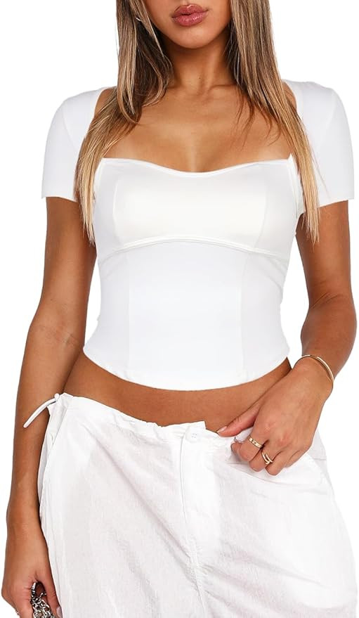 Darong Women's Summer Short Sleeve Sweetheart Square Neck Crop Top Slim Fit Sexy Tops Going Out Y... | Amazon (US)