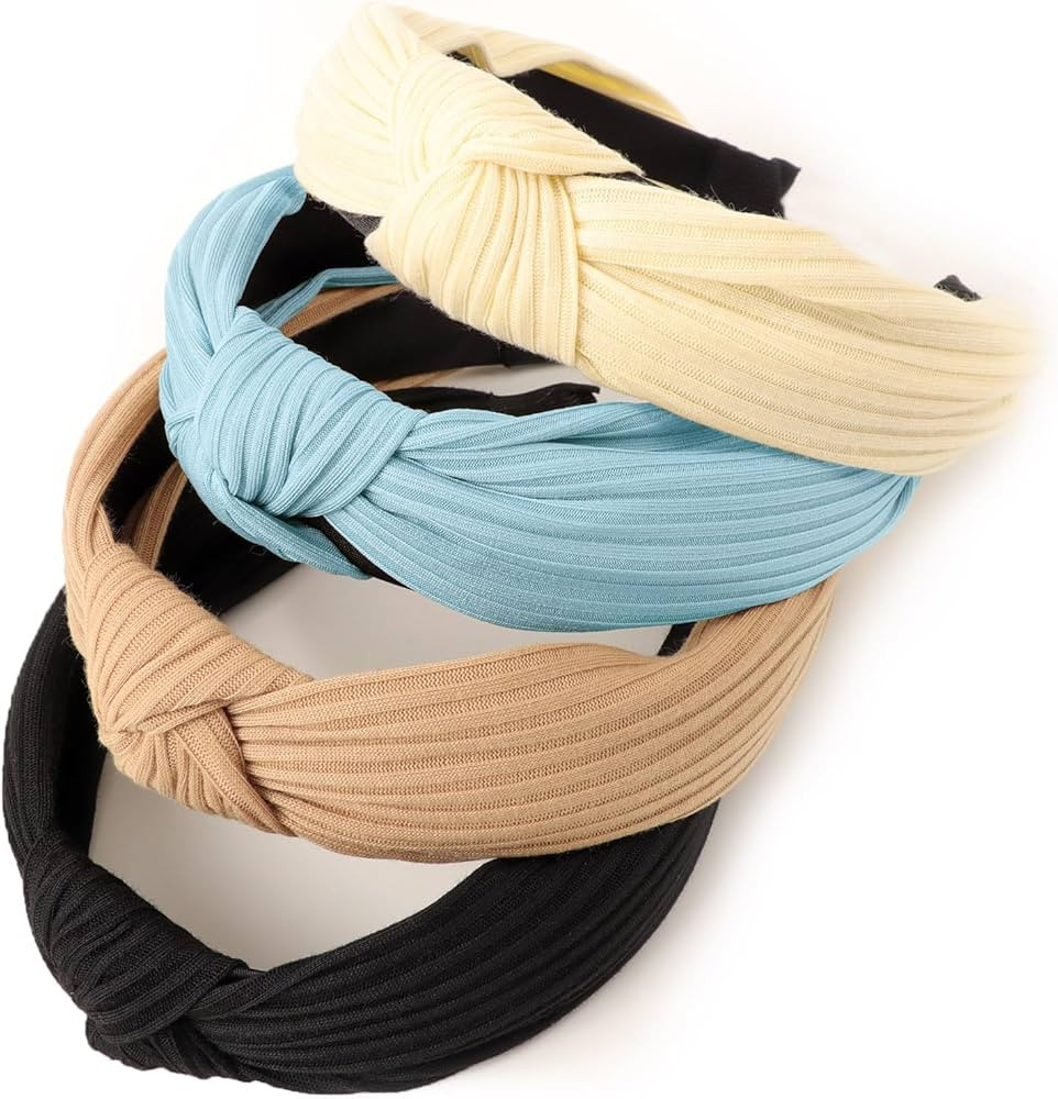 DRESHOW 4 Pack Knotted Headbands for Women Wide Turban Headband Yoga Exercise Ribbing Head Wraps ... | Amazon (US)