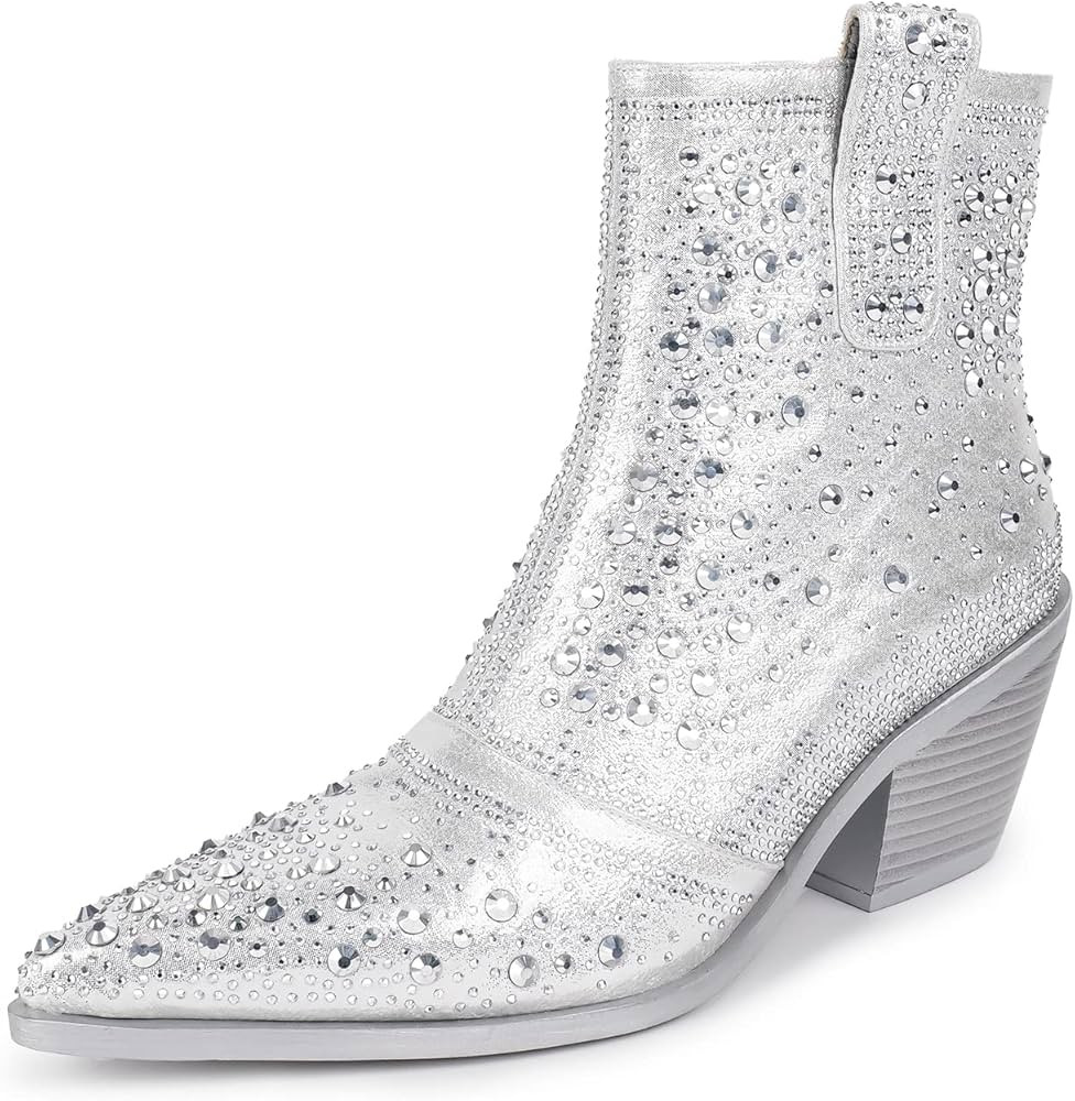 ISNOM Women's Rhinestone Boots Pointed Toe Block Heel Sparkly Ankle Boots Western Black Cowboy Co... | Amazon (US)