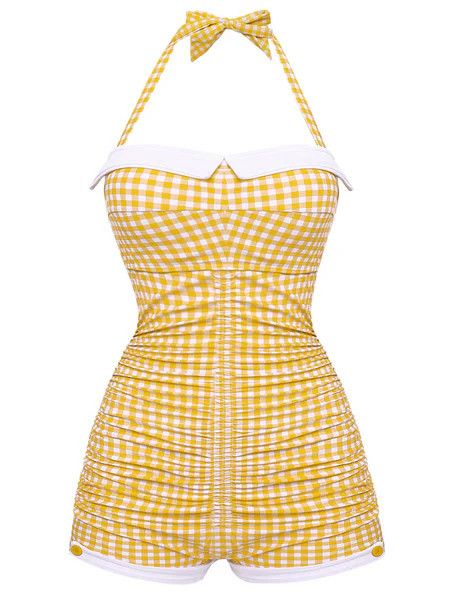 Gingham 1950s Halter Bowknot One-piece Swimsuit | Retro Stage