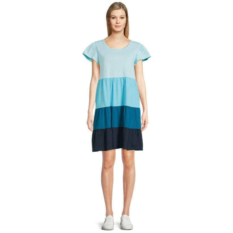 Time and Tru Women's Short Sleeve Tiered Knit Dress | Walmart (US)