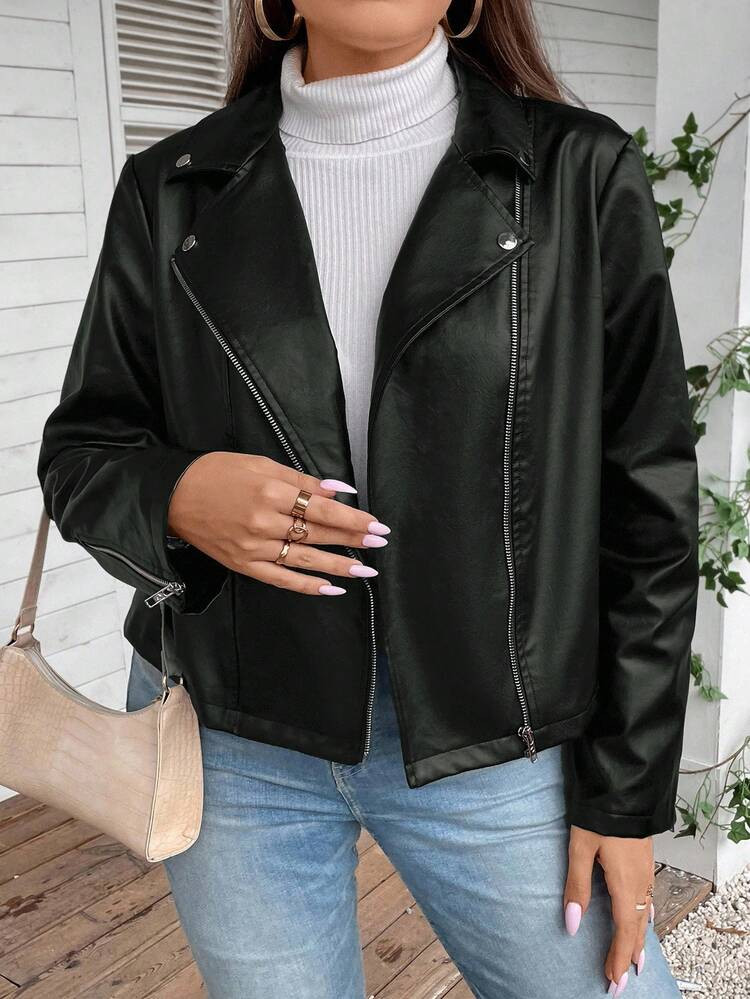 SHEIN LUNE Plus Size Fashionable Versatile Solid Color Collar Jacket Black Leather Jacket Women J... | SHEIN