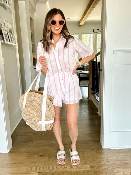 Shop this two piece set perfect for summer beach vacation! The straw bag is great to hold your hat! Simply20 for 20% off site wide at petal and pup 