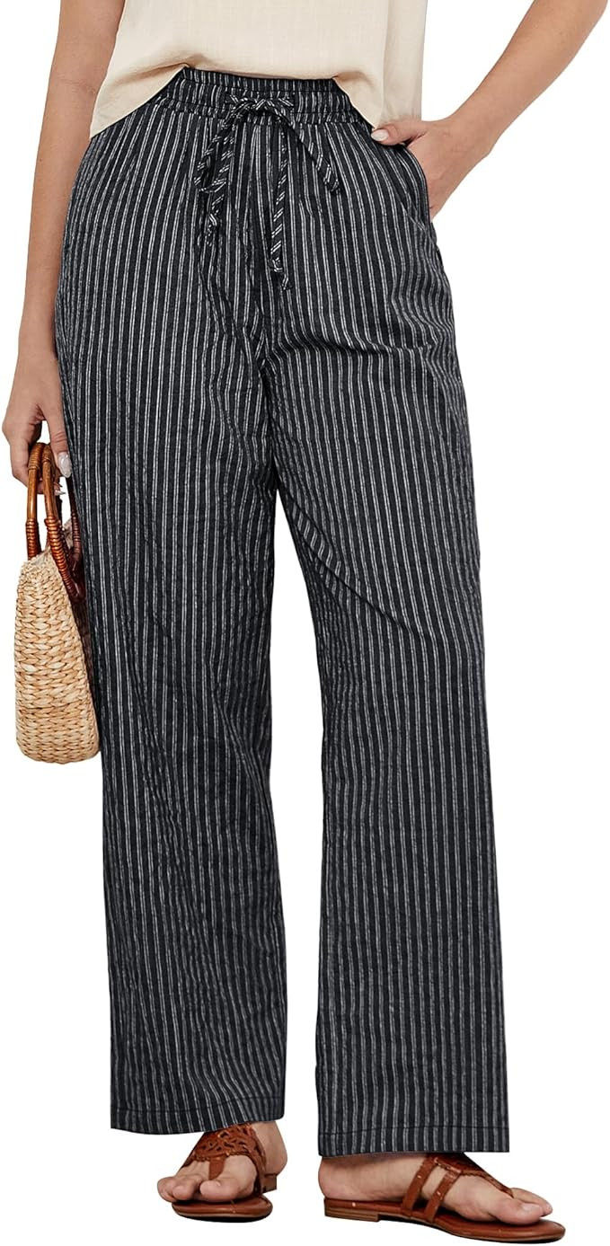 GRAPENT Striped Pants for Women High Waisted Wide Leg Cotton Linen Trendy Beach Pull on Elastic W... | Amazon (US)
