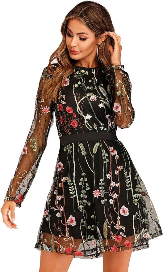 Milumia Women's Round Neck Floral Embroidered Mesh Long Sleeve Dress | Amazon (US)
