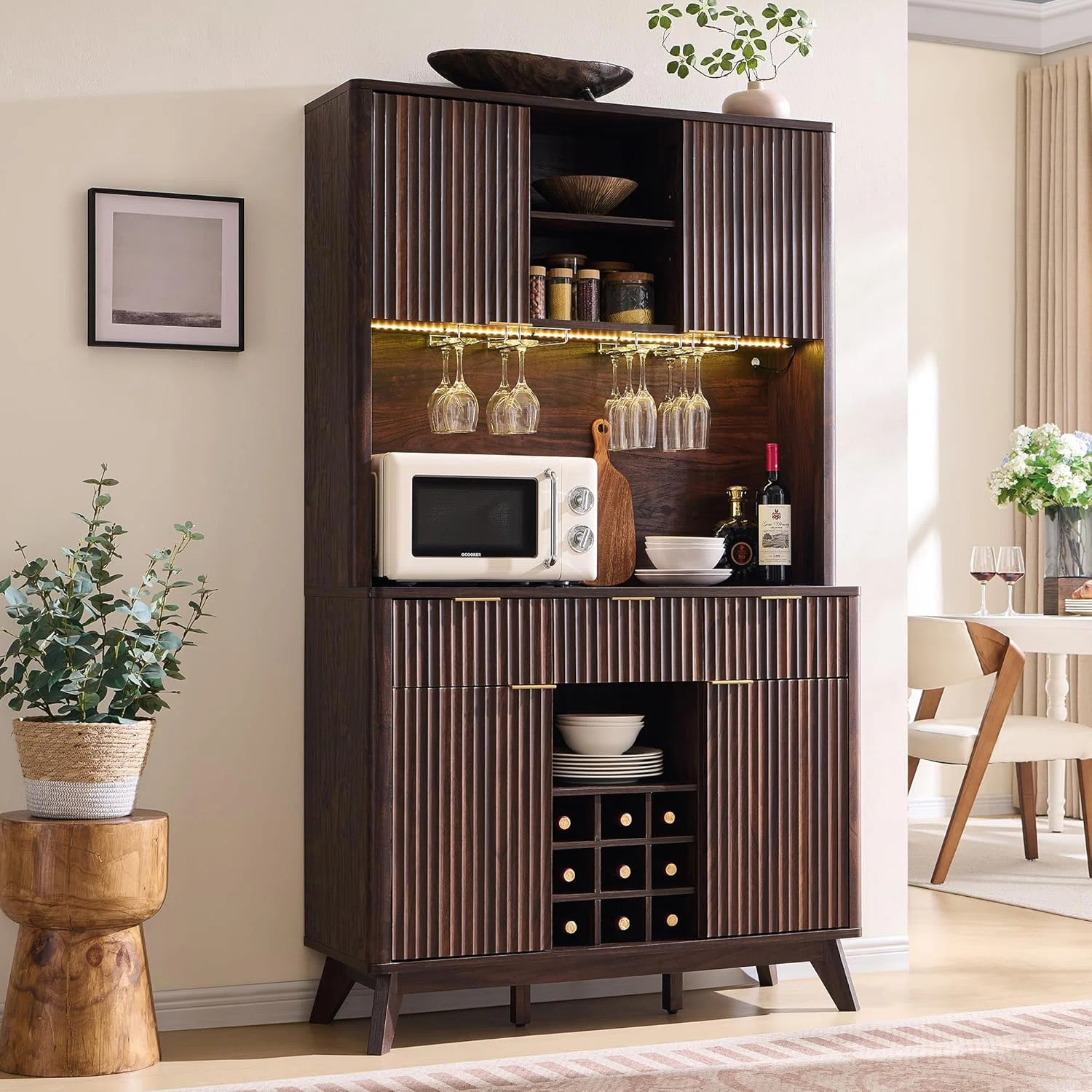 72"H Wine Coffee Bar Cabinets With Led Lights,Wine & Glass Rack,Wood Fluted Drawers And Cabinets | Wayfair North America