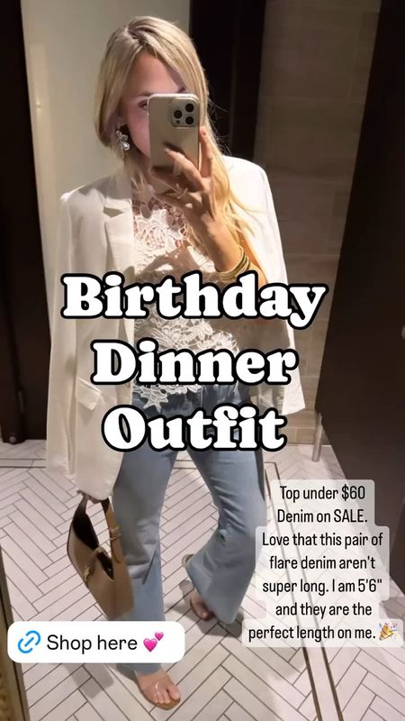 Beautiful lace top wearing a size small under hundred dollars in this linen blazer is on sale. Also love these new high-rise jeans. This is the perfect summer date night outfit.

#LTKFindsUnder100 #LTKOver40 #LTKSaleAlert