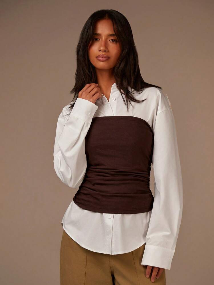 Athîral Women's Two-Piece Set,White Long-Sleeved Shirt And Brown Pleated Strapless Top. Casual Wear, Business Casual Tops Woman, Chocolate Brown Top,Autumn And Winter Outfits, Fitted Blouses For Women, Brown Shirts For Women, Office Blouse | SHEIN