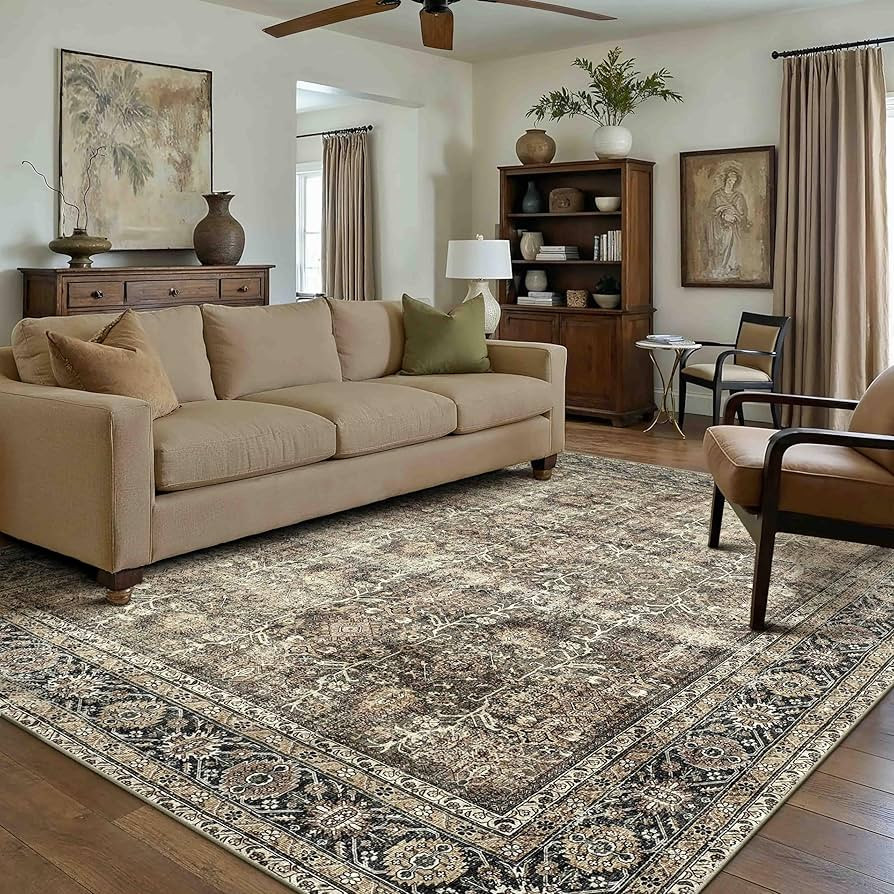 Vintage Area Rug 6x9 Brown Washable Living Room Large Carpet Non Slip Bedroom Indoor Office Low P... | Amazon (US)