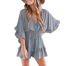 Valphsio Womens V Neck Beach Romper Ruffle Layered Drawstring Waisted Shorts Jumpsuit | Amazon (US)