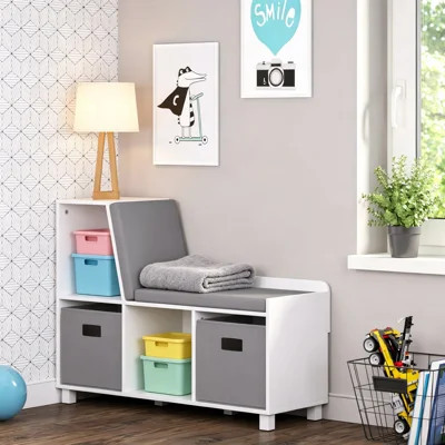 Kids Reading Nook Bench with White Cubby Storage, Padded Cushioned Seat, and Toy Organizer Bins, Sturdy MDF Construction with Gray Fabric Bins | Wayfair North America