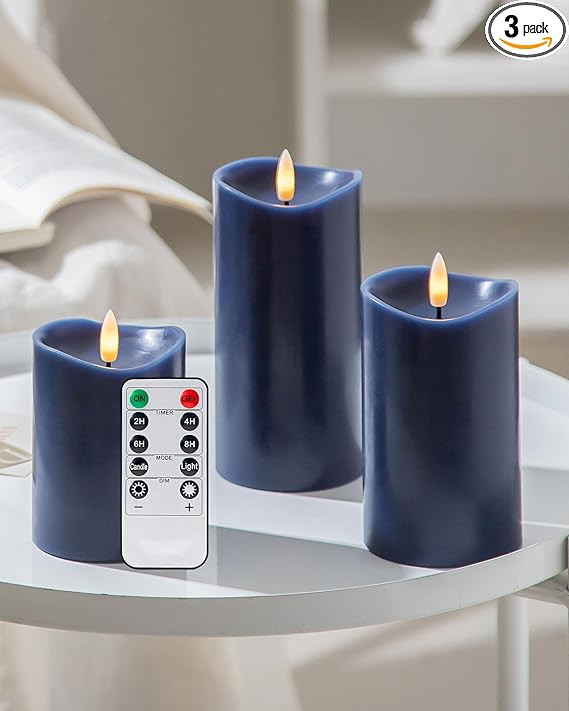 Navy Blue Flameless Candles with Remote and Timer, Real Wax Made LED Pillar Candles Battery Opera... | Amazon (US)
