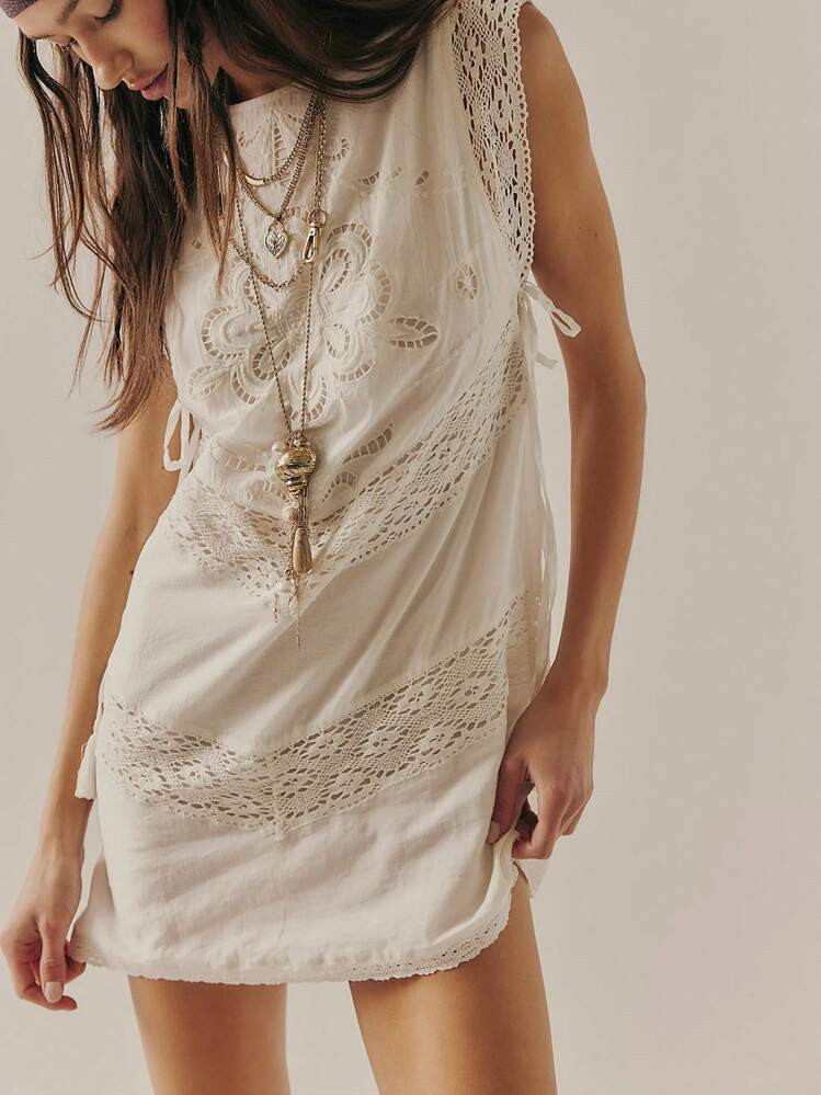 Womens Sleeveless Tie Side Embroidered Mini Dress Y2k Ruffle Hem Boho Cut Hollow Out Sundress Flowy Lace Trim Babydoll Slip Dress | SHEIN