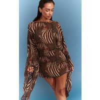 Brown Mixed Animal Print Flare Sleeve Mini Beach Dress | PrettyLittleThing UK