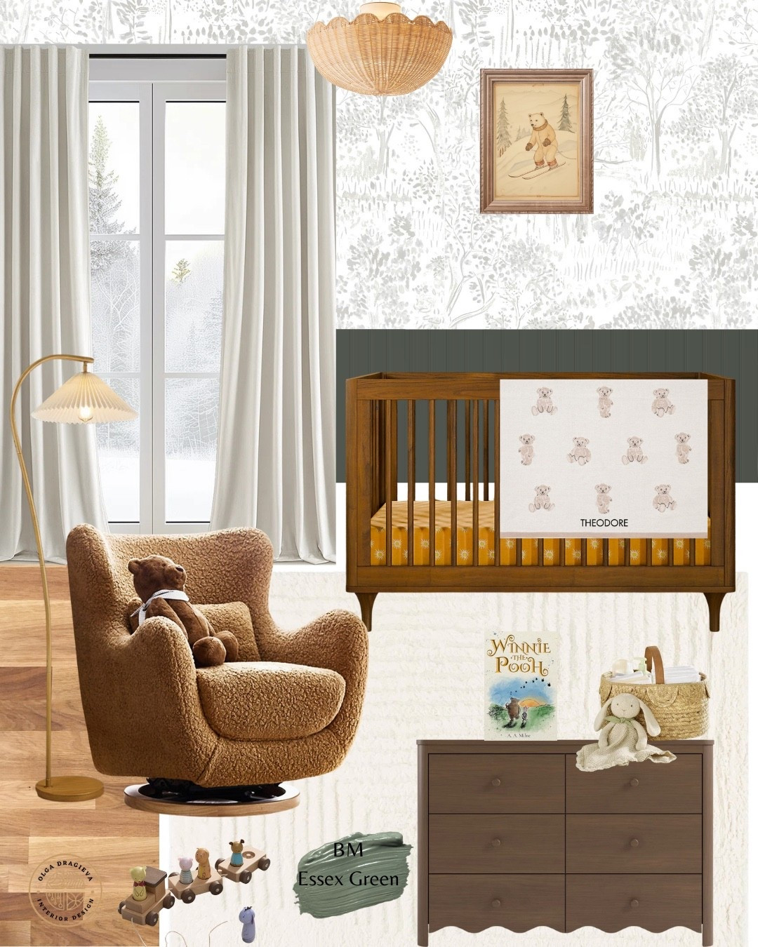 Adorable Bear nursery design/mood board. I love the whimsical wallpaper and the gorgeous glider. The crib is from Crate & Barrel. Floral and neutral rug. Winter wall art. #homedecor #nursery #christmas 

#LTKBaby #LTKHoliday #LTKBump
