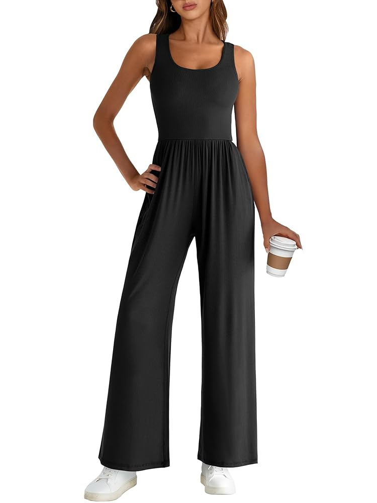 ANRABESS Jumpsuits for Women Dressy Casual Summer Sleeveless Rib Knit Wide Leg Jumper Romper One ... | Amazon (US)