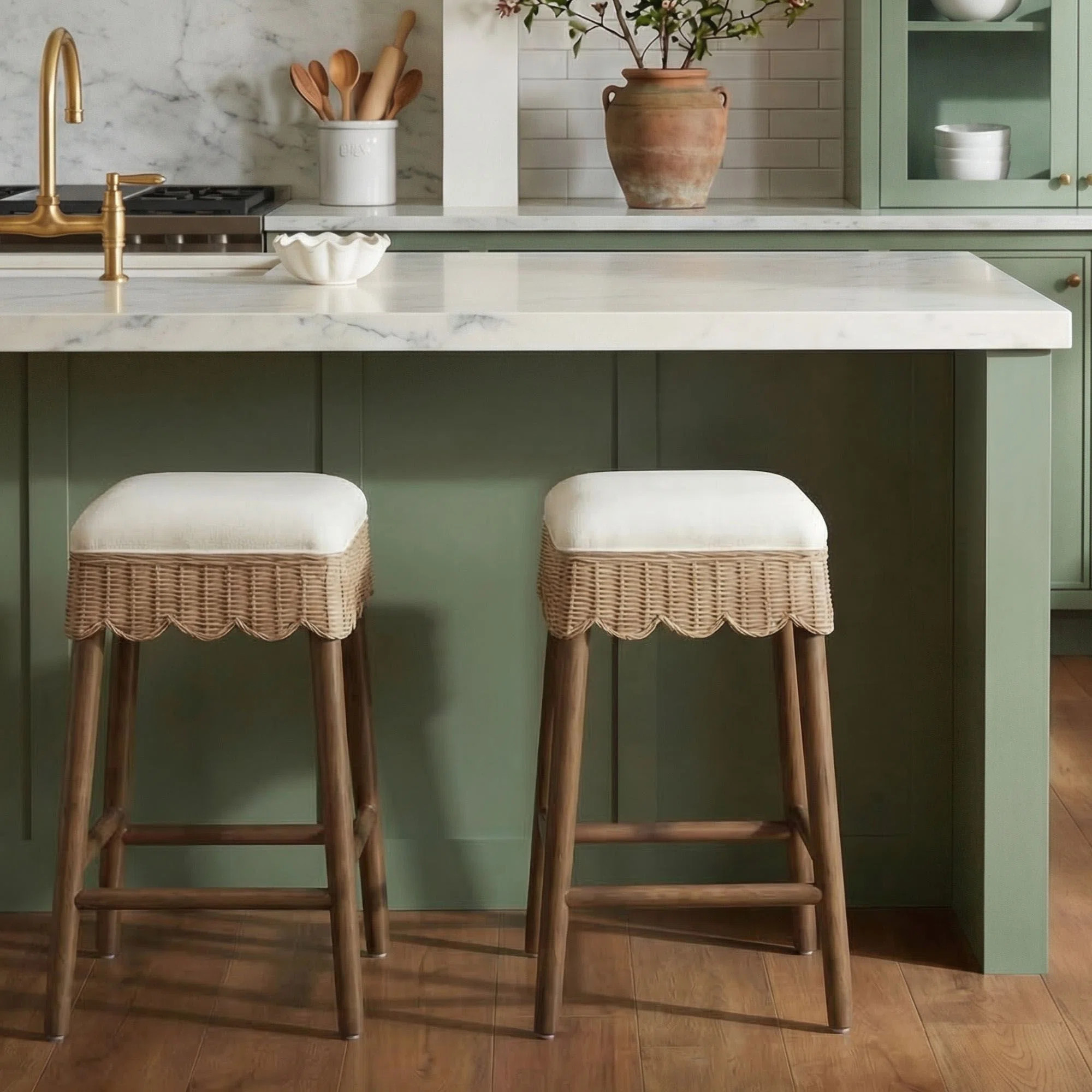 Celia Solid Wood Backless Counterstool With Scallop Woven Rattan Apron and Upholstered White Seat... | Wayfair North America